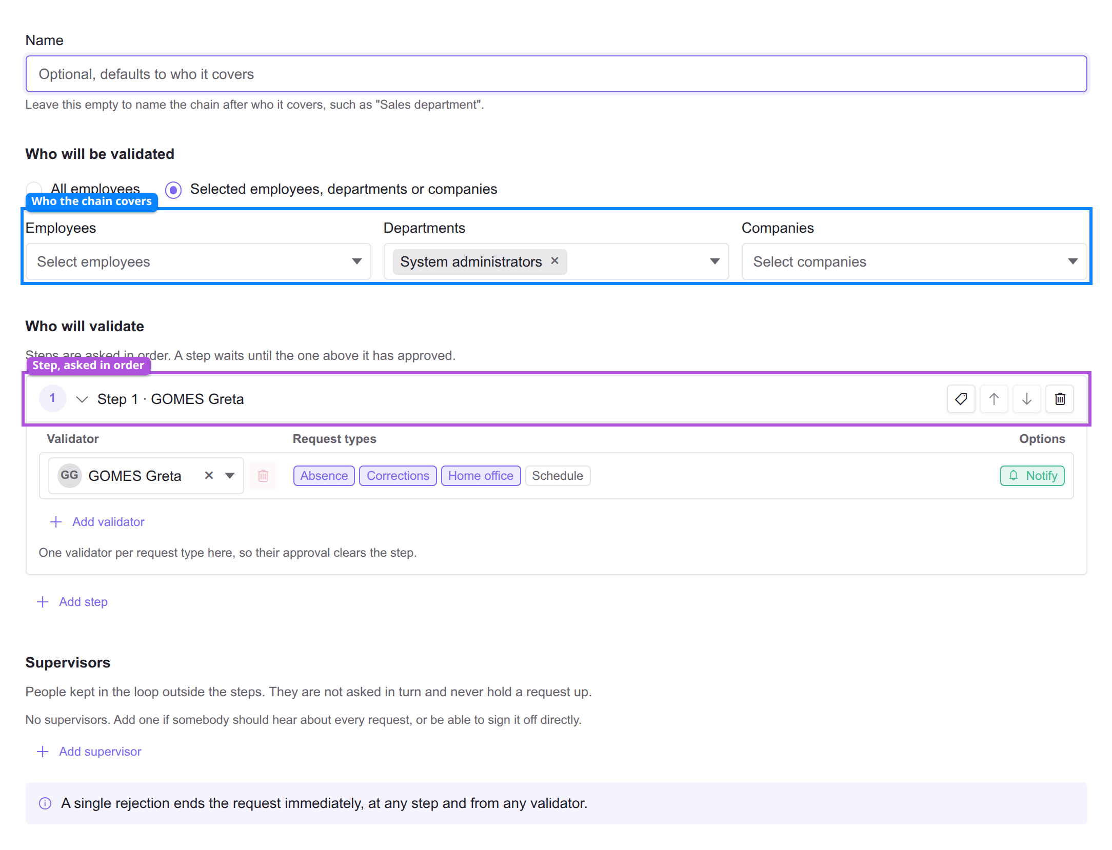 The chain editor, showing who the chain applies to, one step with its validator, and the supervisor section
