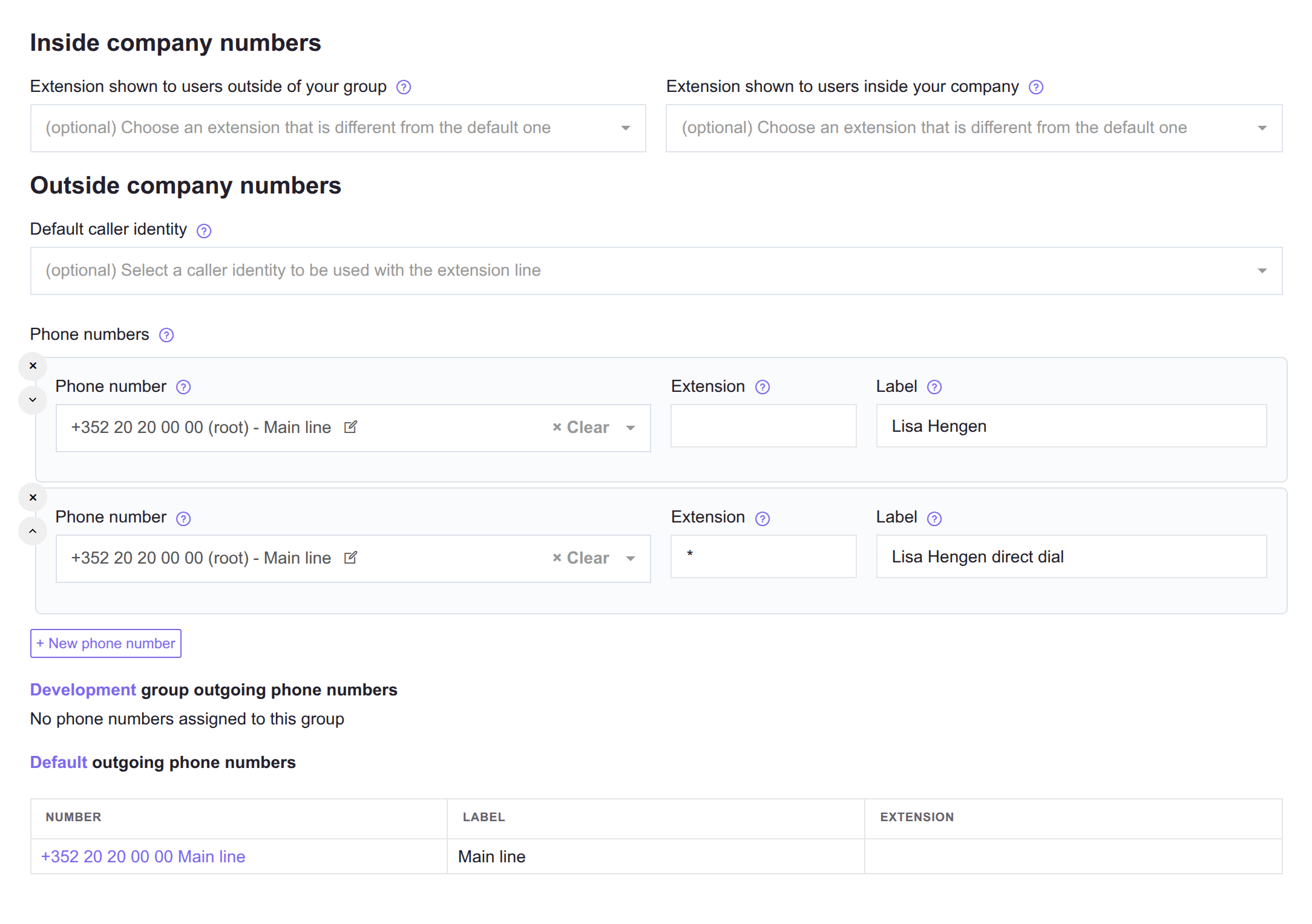 A user with two caller identities: the base number and a direct dial using the * suffix