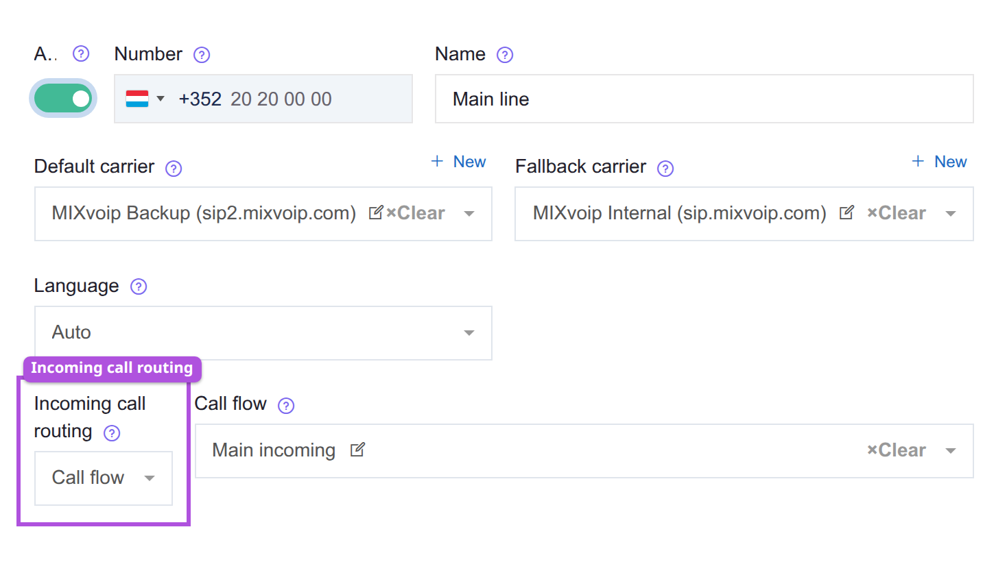 A phone number set to Call flow routing, with the routing selector highlighted