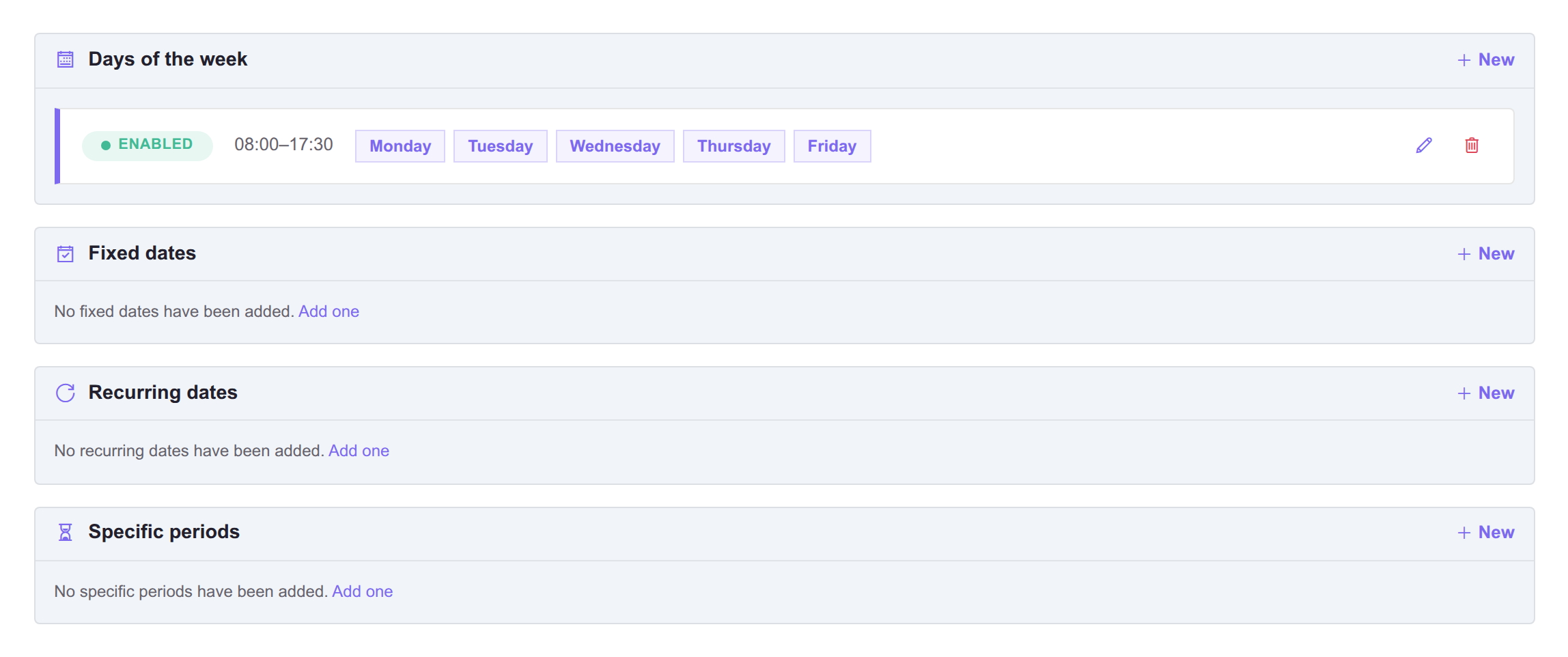 A schedule edit page, with a section per rule type