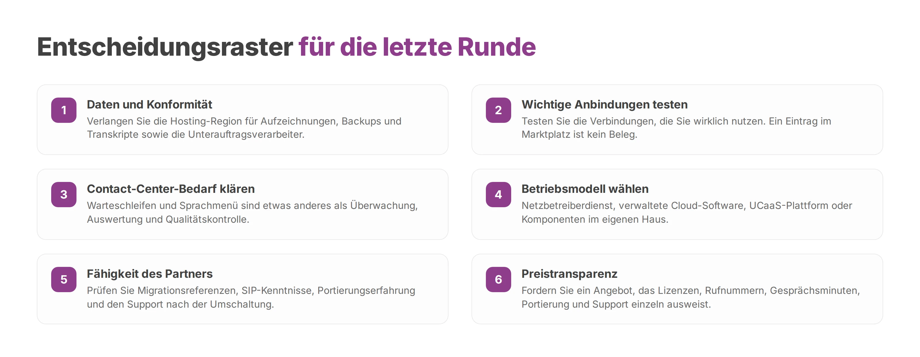Sechs Prüfpunkte für die letzte Auswahlrunde einer 3CX-Alternative, von Datenstandort bis Preistransparenz