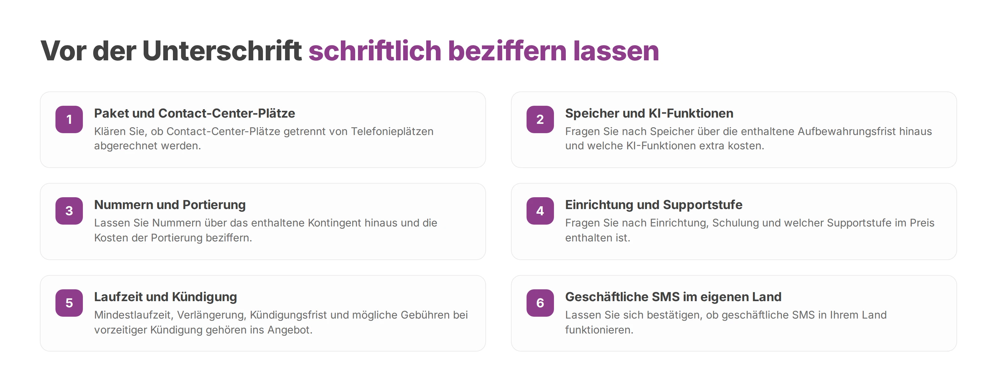 Checkliste mit sechs Punkten, die Sie sich vor der Unterschrift von 8x8 schriftlich beziffern lassen sollten