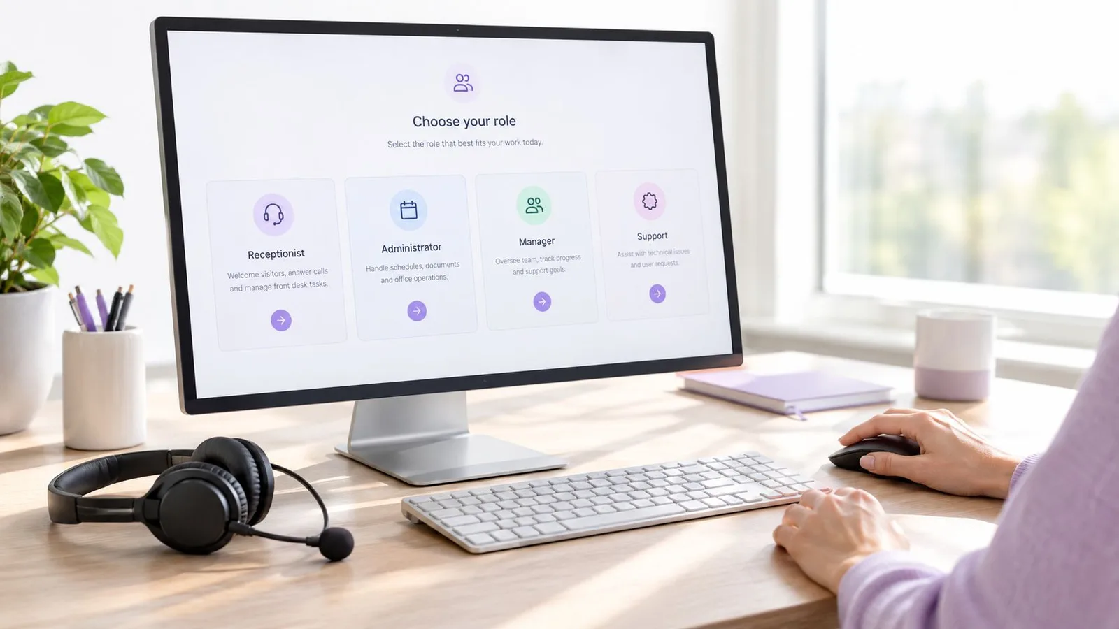 Écran affichant le choix du rôle utilisateur : réceptionniste, administrateur, manager ou support