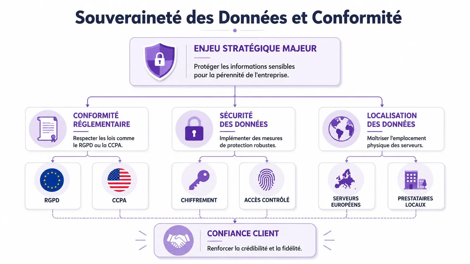 Schéma illustrant la souveraineté des données, la conformité réglementaire, la sécurité et la confiance des clients.
