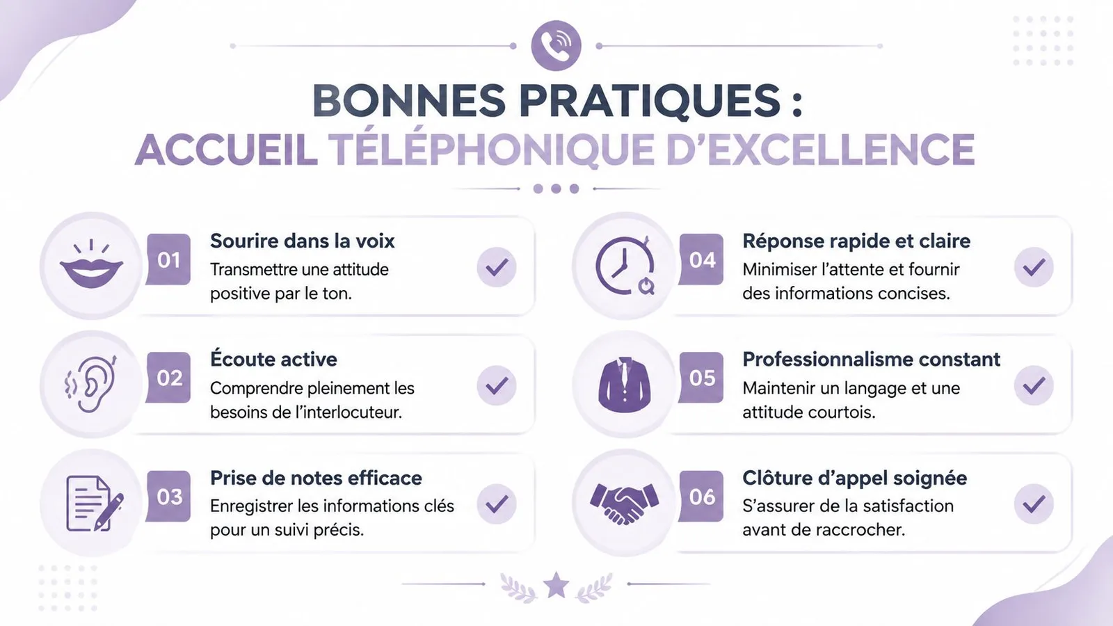 Infographie présentant six bonnes pratiques pour un accueil téléphonique d'excellence en entreprise avec des icônes explicites.