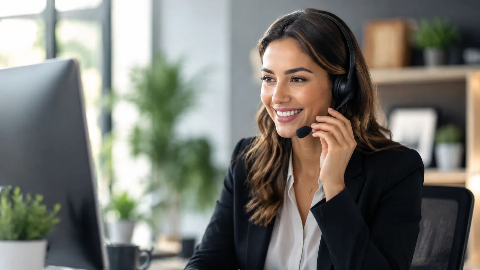 Une professionnelle souriante avec un casque micro travaillant devant son ordinateur dans un bureau moderne.