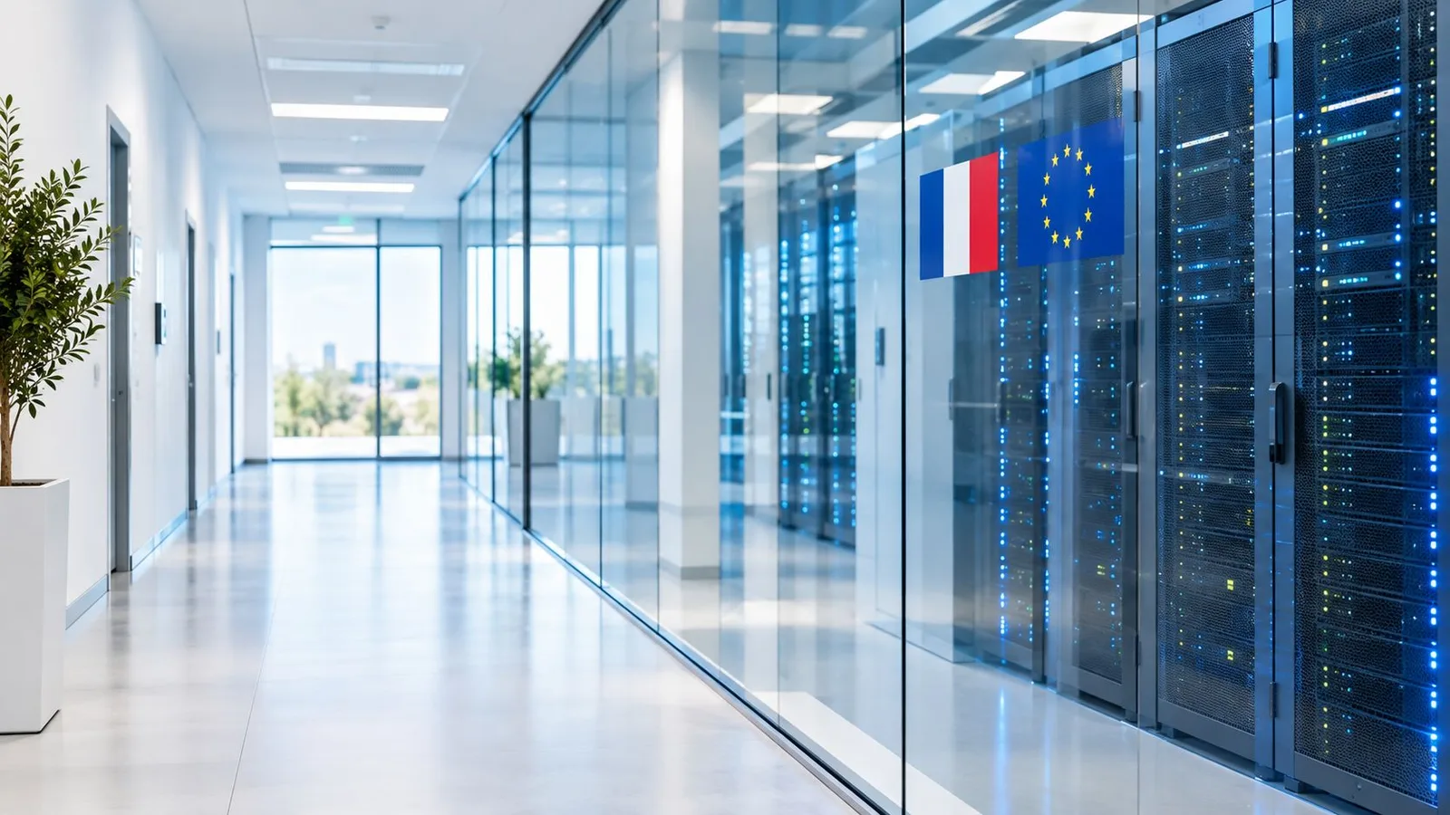 Un couloir de bureau moderne avec des serveurs informatiques derrière une paroi en verre, France et Europe.