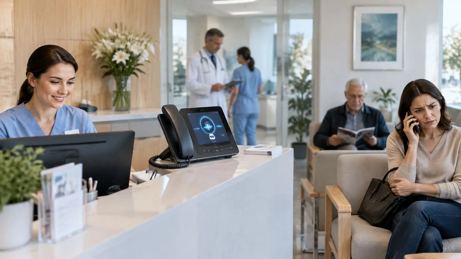 Une réceptionniste souriante utilisant une technologie vocale assistée par IA dans un cabinet médical moderne et lumineux.