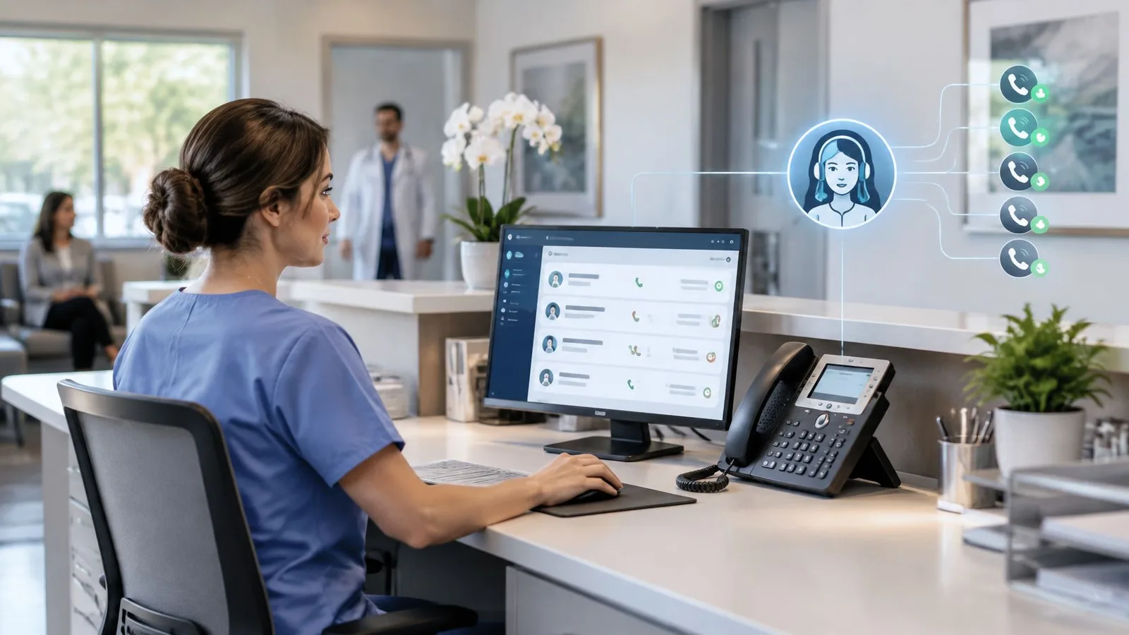Une réceptionniste médicale travaille sur son ordinateur avec une interface assistée par une intelligence artificielle vocale.