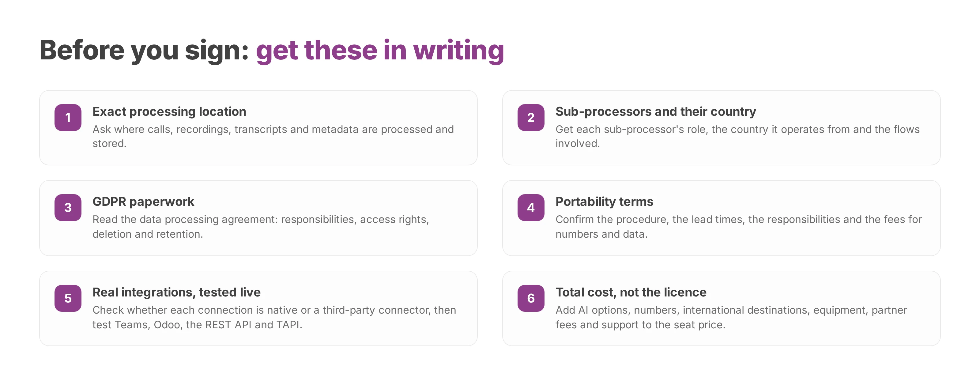 Checklist of the answers every vendor should give in writing before you sign a cloud telephony contract