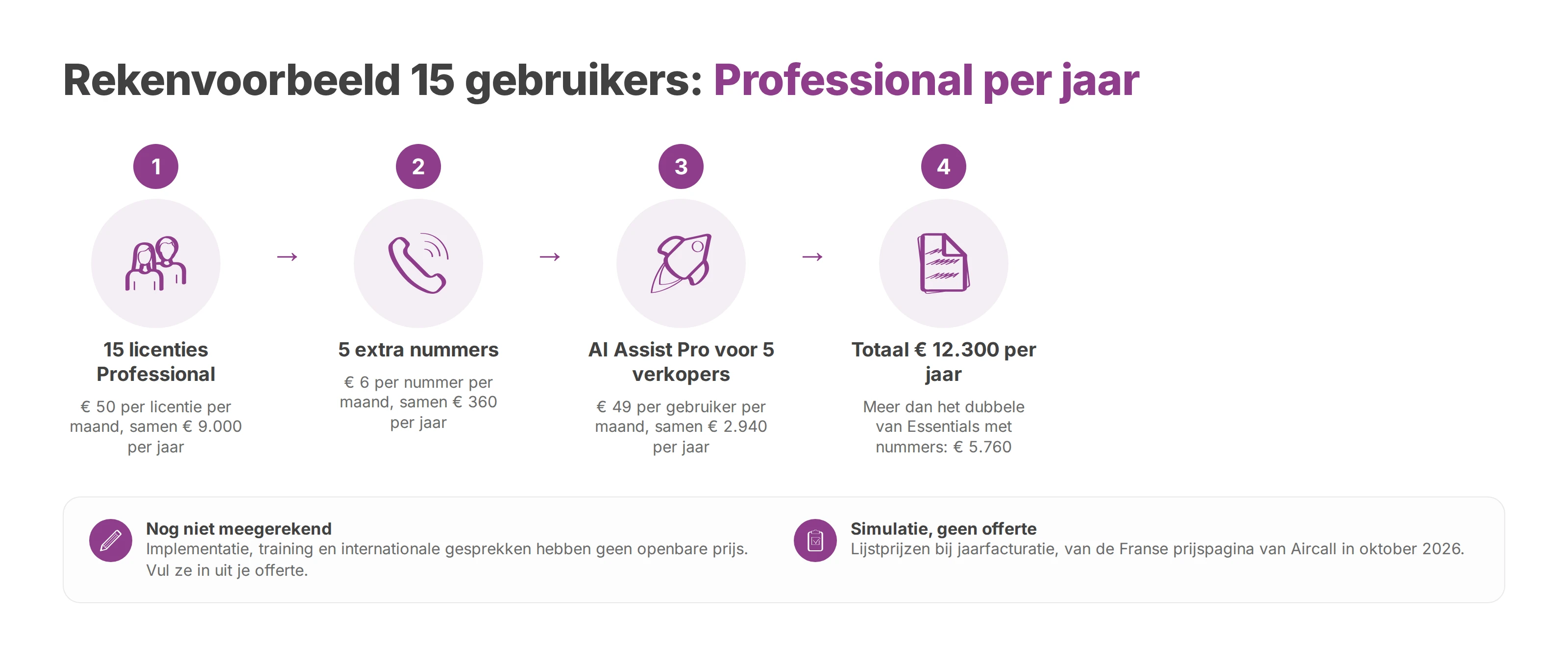 Rekenvoorbeeld: vijftien Professional-licenties, extra nummers en AI Assist Pro tellen op tot € 12.300 per jaar