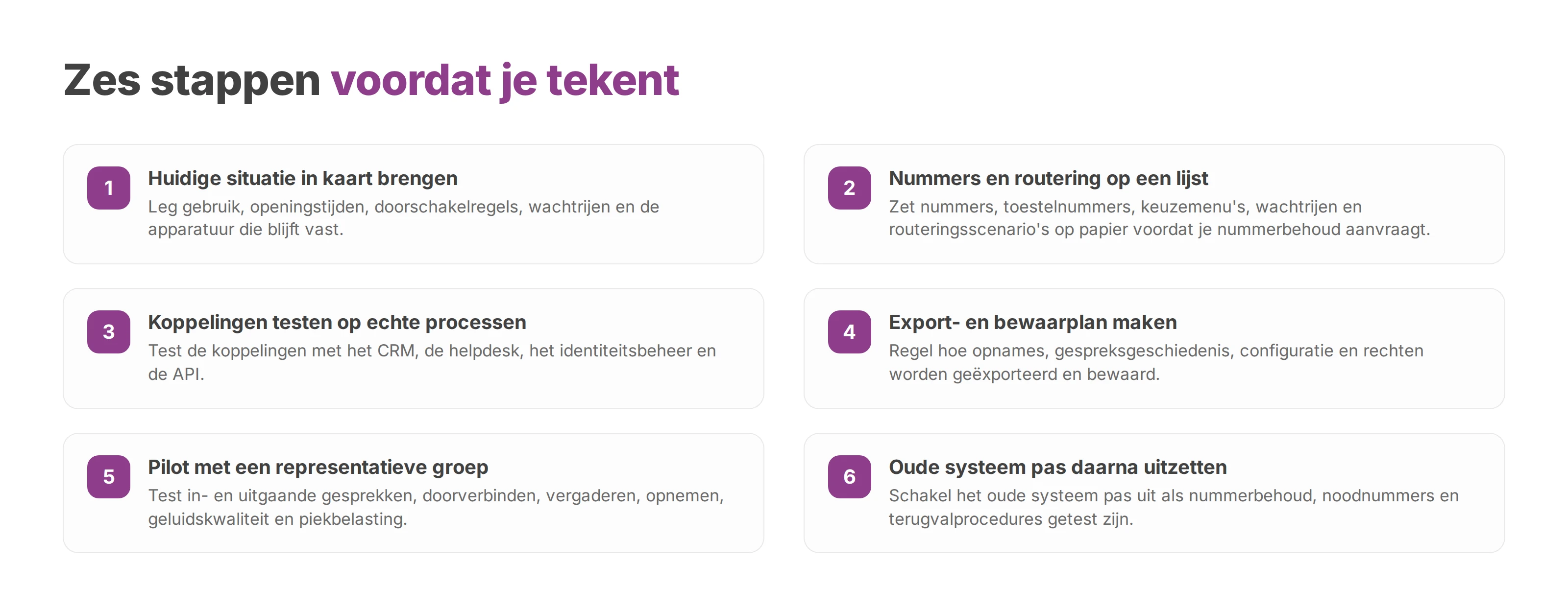 Checklist met zes stappen voor de overstap naar een nieuwe telefonieleverancier, van inventaris tot uitschakeling