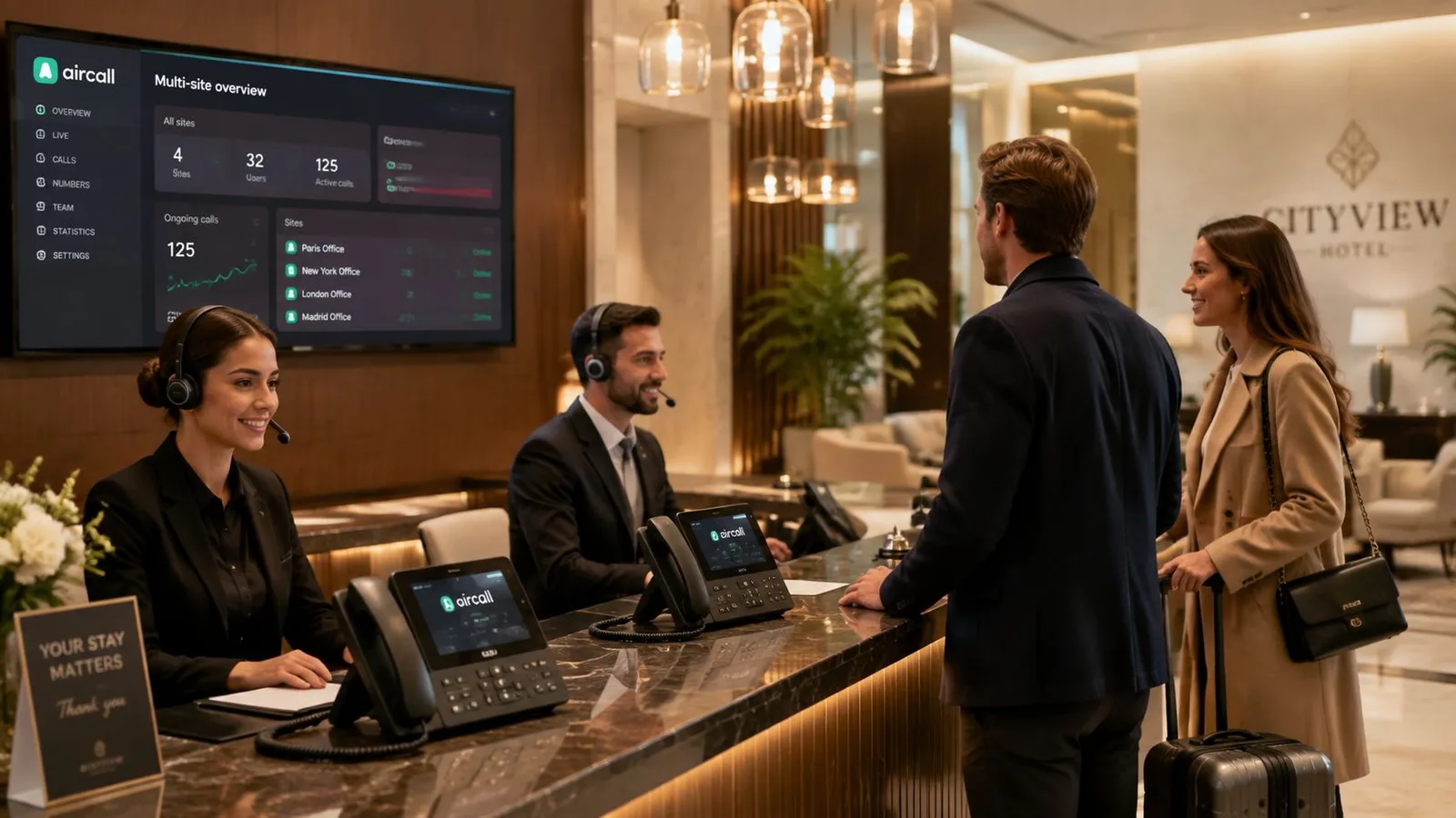 Personnel de réception d'hôtel utilisant les systèmes de communication Aircall pour assister des clients à la réception.