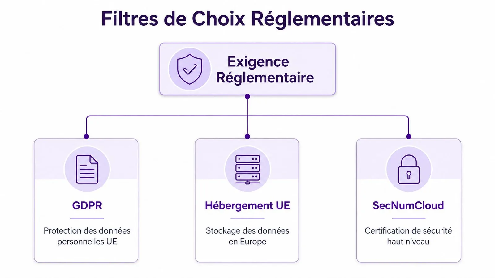 Schéma illustrant les trois piliers des filtres de choix réglementaires pour la conformité et la sécurité des données.