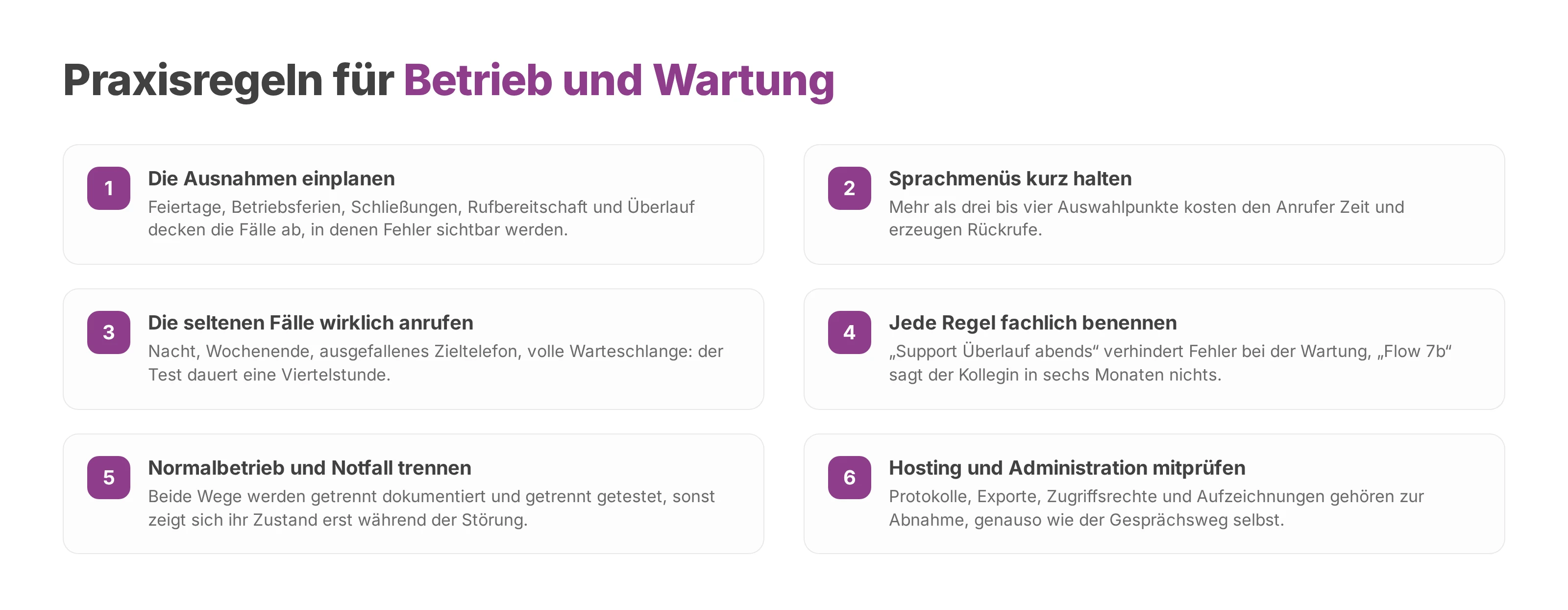 Checkliste mit sechs Praxisregeln für Betrieb und Wartung der Anrufweiterleitung.