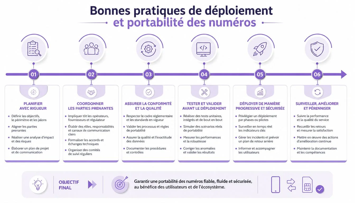 Infographie détaillant les six étapes clés pour assurer un déploiement et une portabilité des numéros réussis.