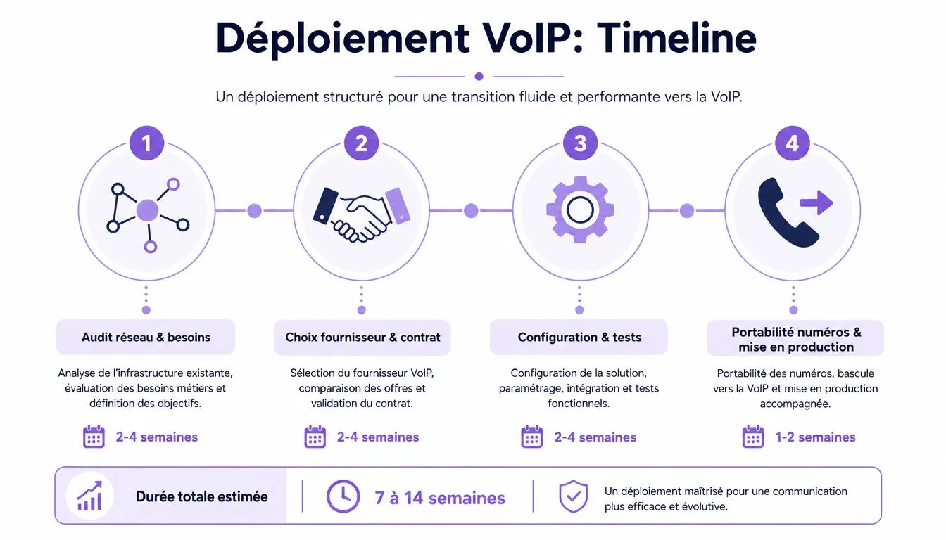 Chronologie des quatre étapes pour le déploiement structuré d'une solution de téléphonie VoIP en entreprise.