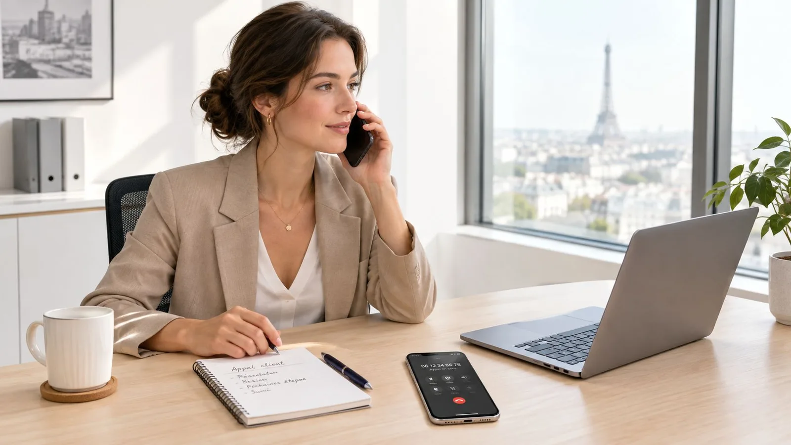 Une femme d'affaires souriante au téléphone dans son bureau avec vue sur la tour Eiffel à Paris.