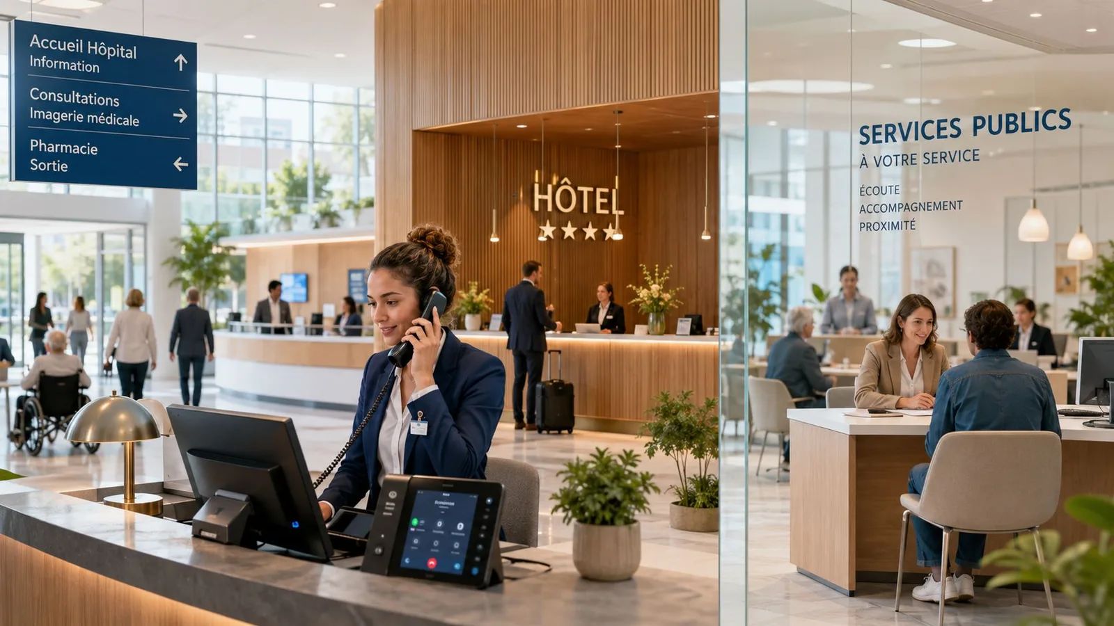 Une réceptionniste d'hôtel souriante au téléphone dans un hall moderne et lumineux avec des services publics.