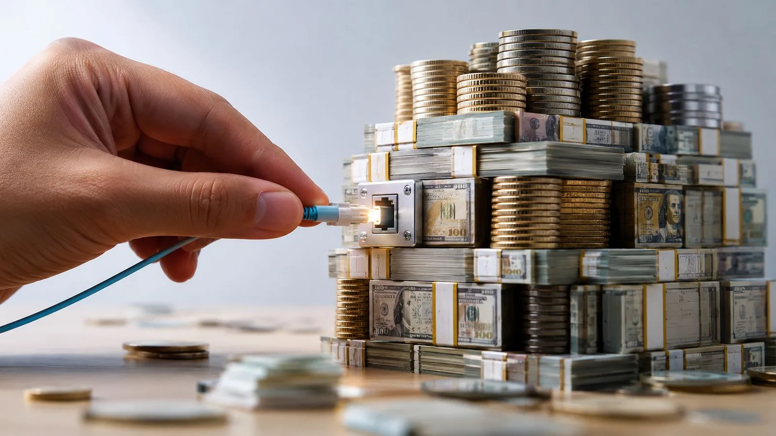 Une main humaine connecte un câble réseau en fibre optique à une structure faite de billets et pièces.