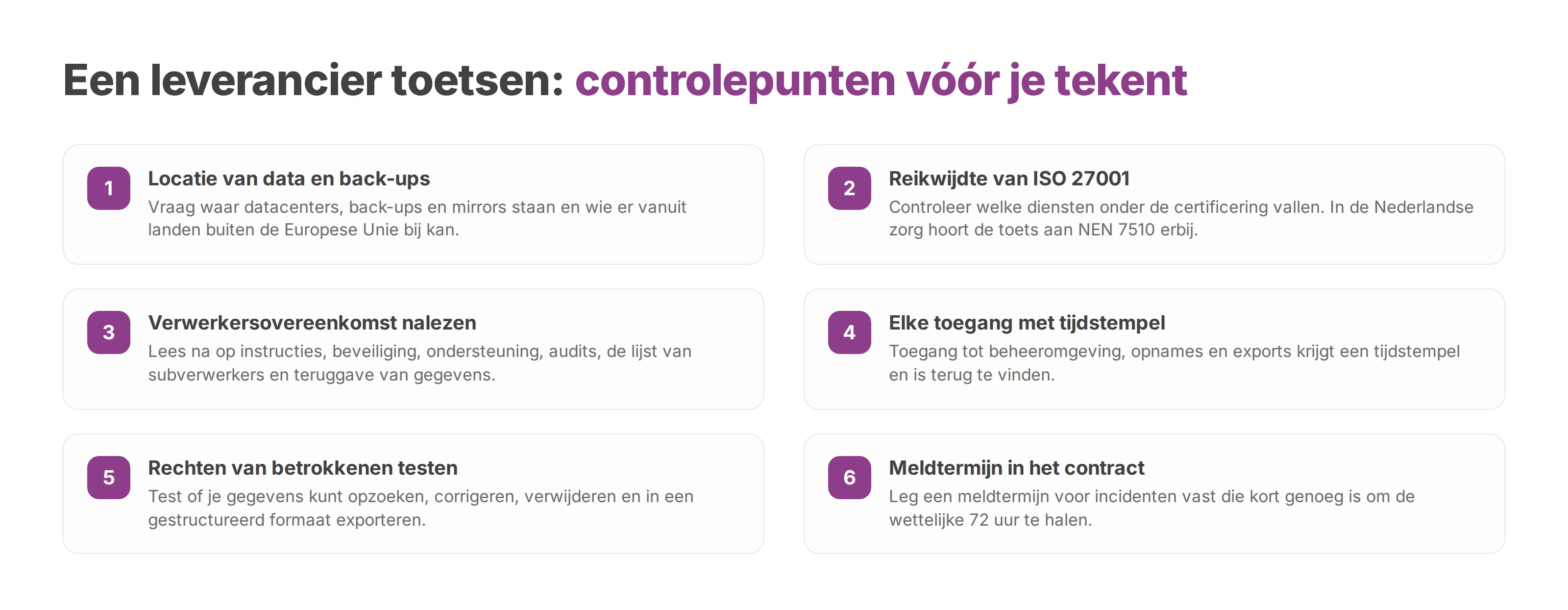 Genummerde lijst met zes controlepunten om een leverancier van een cloud PBX te toetsen vóór ondertekening