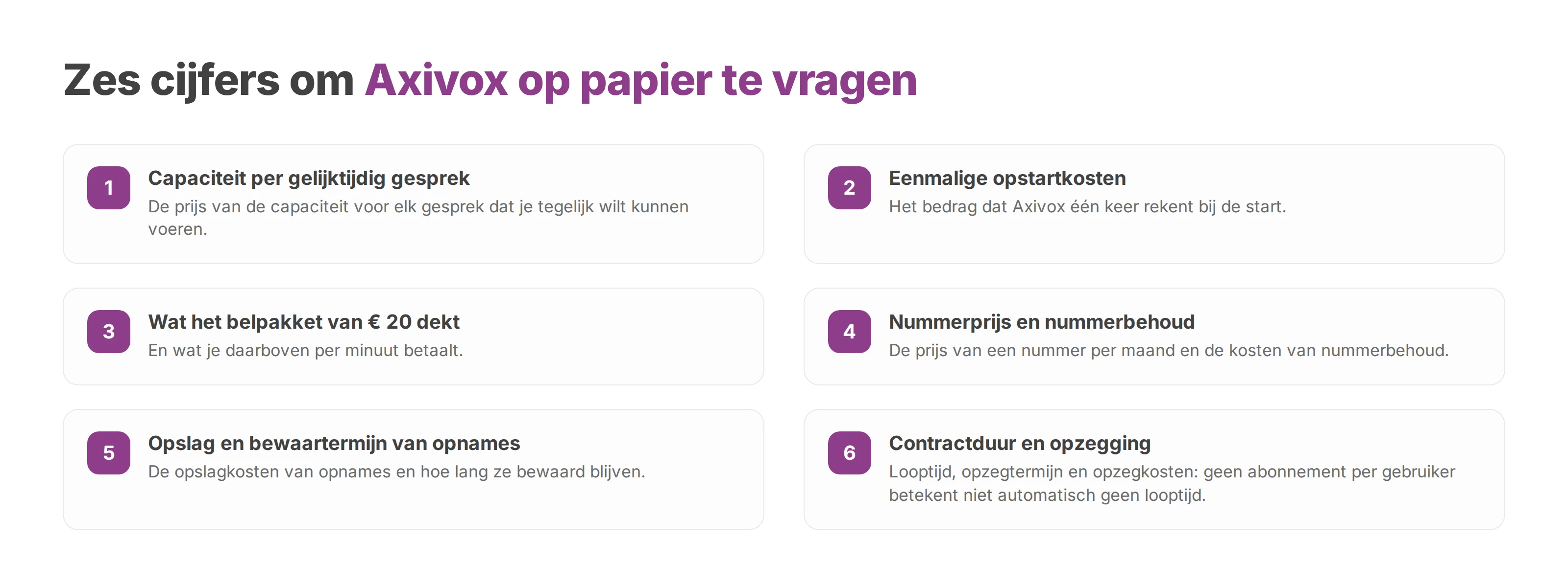 Genummerde lijst van de zes cijfers die je Axivox op papier vraagt voordat je de prijs met Voxbi vergelijkt
