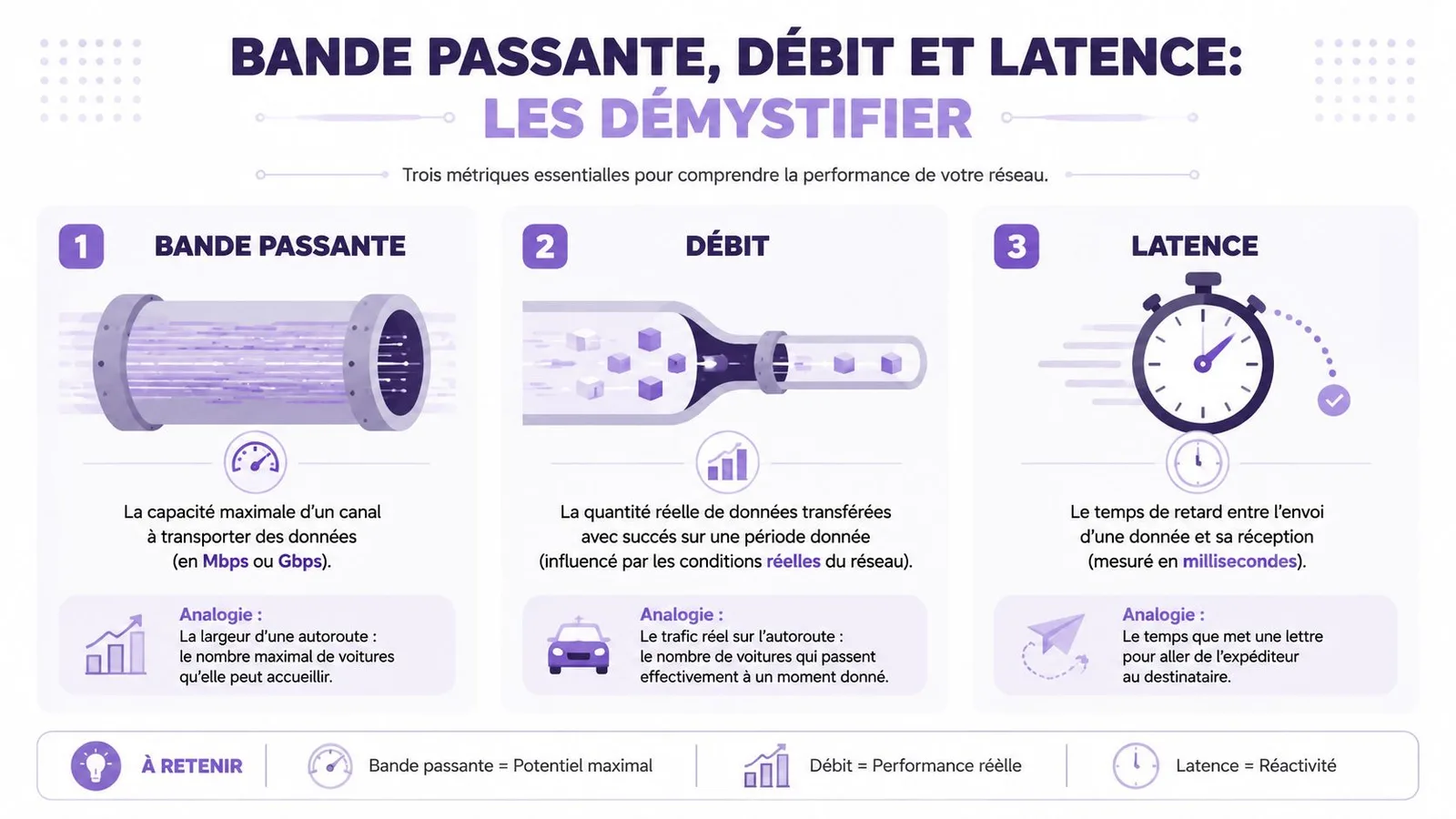 Infographie explicative illustrant la différence entre la bande passante, le débit et la latence en réseau informatique.