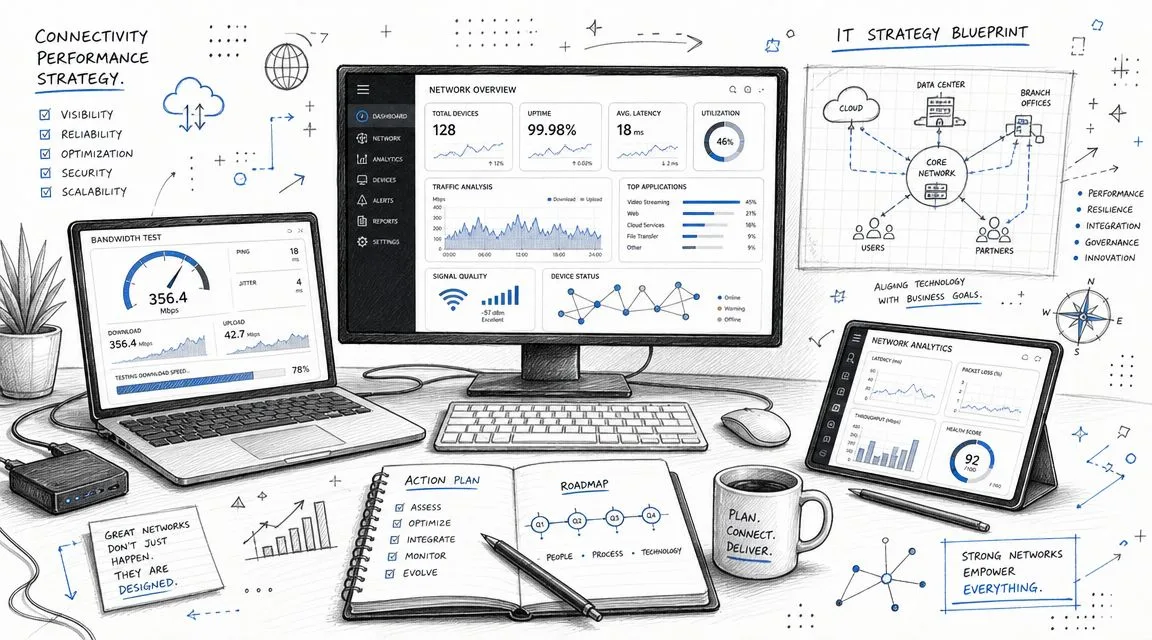 Bureau équipé d'ordinateurs affichant des données de réseau, de bande passante et de stratégie informatique professionnelle.