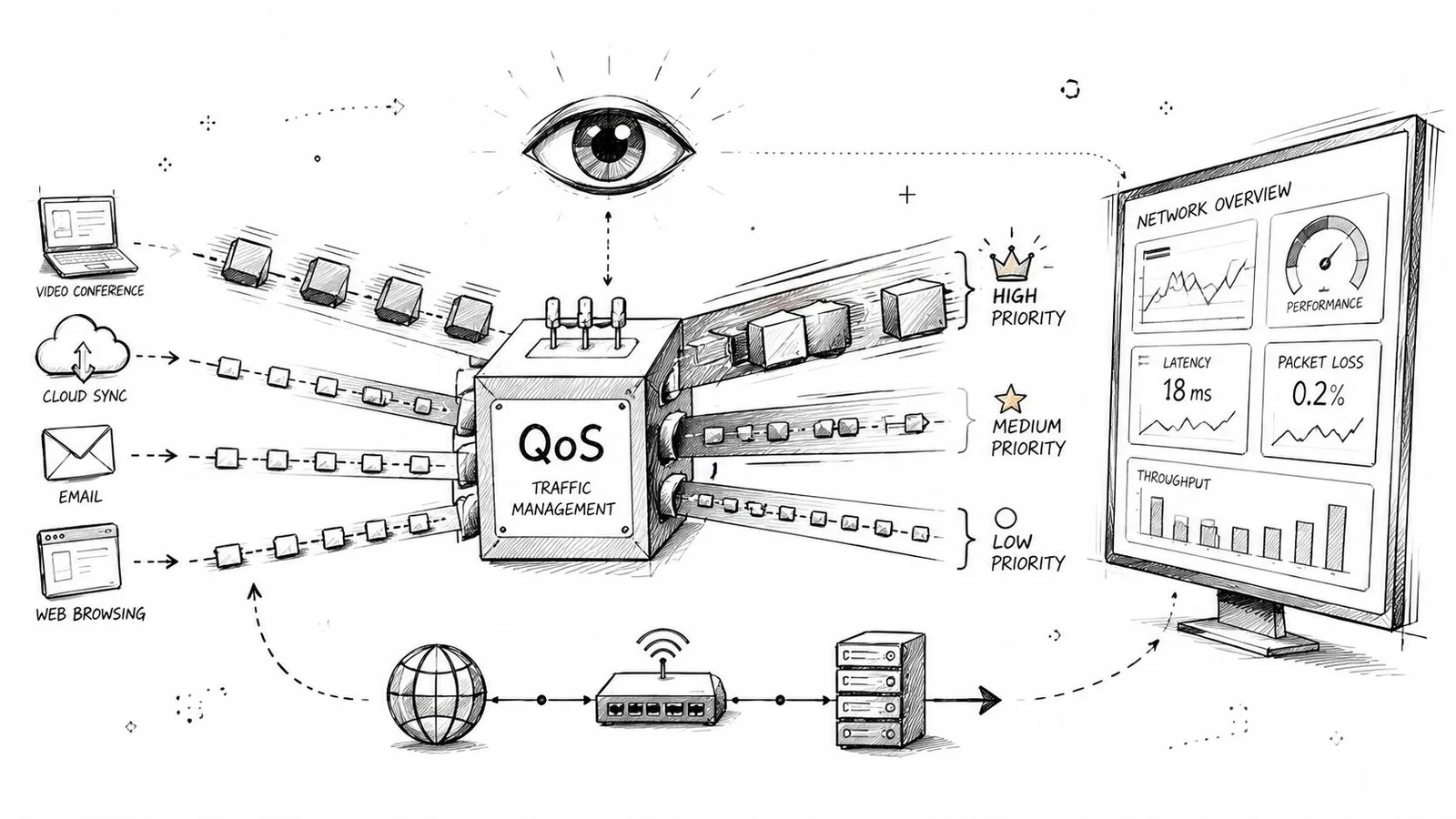 Illustration montrant la gestion de la qualité de service QoS pour hiérarchiser les flux de données réseau informatiques.