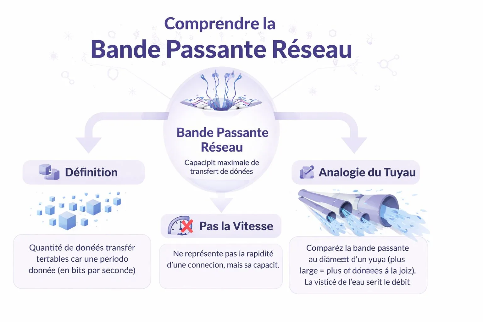 Infographie explicative sur la bande passante réseau, définissant sa capacité maximale et son analogie avec un tuyau.