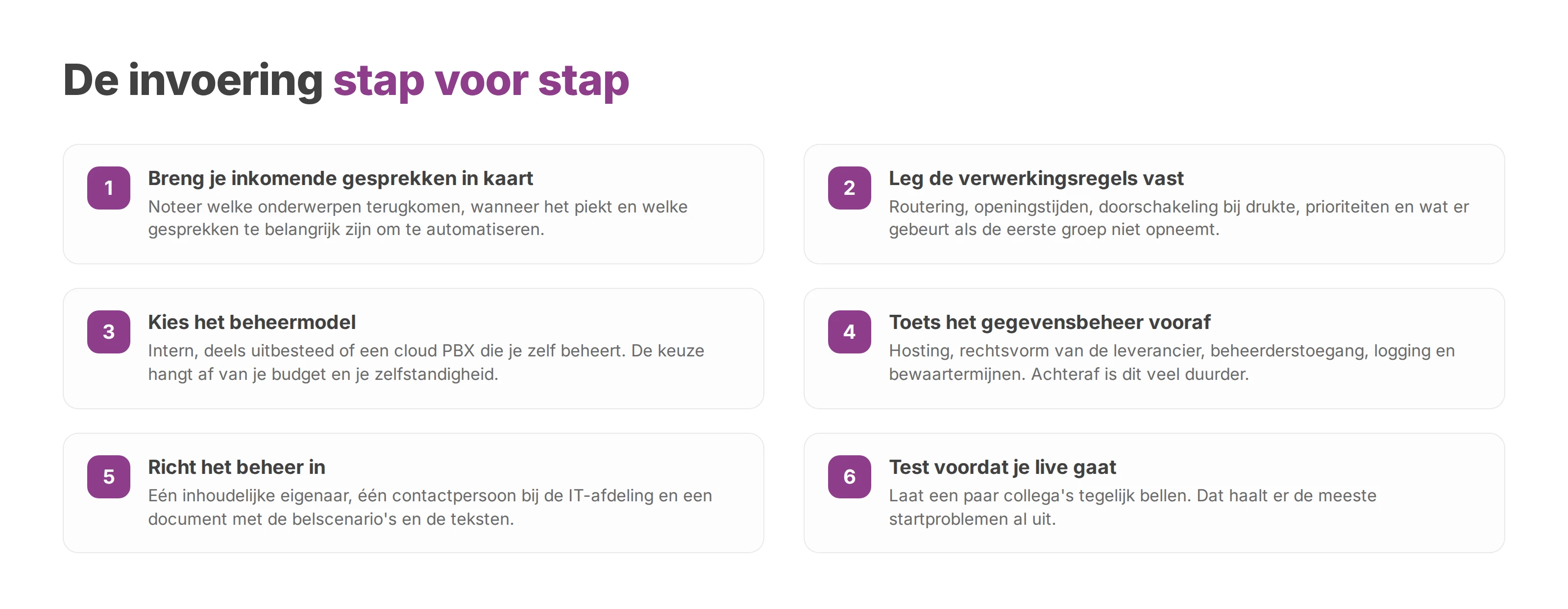 Checklist voor de invoering van je telefonie, van gesprekken in kaart brengen tot testen.
