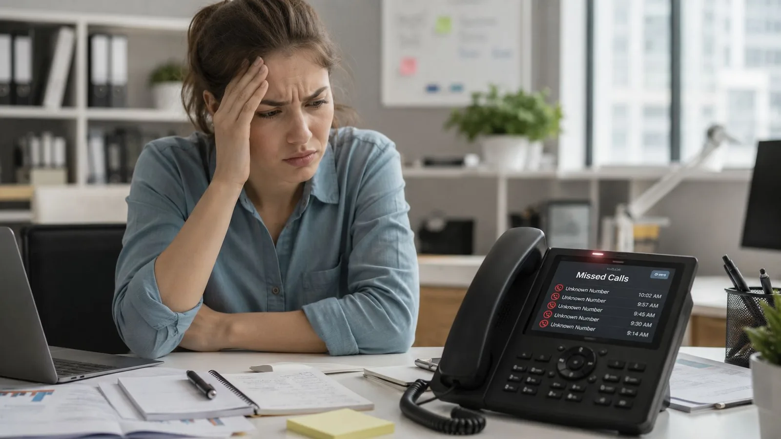 Une employée de bureau stressée regarde son téléphone affichant plusieurs appels manqués, exprimant une forte frustration professionnelle.