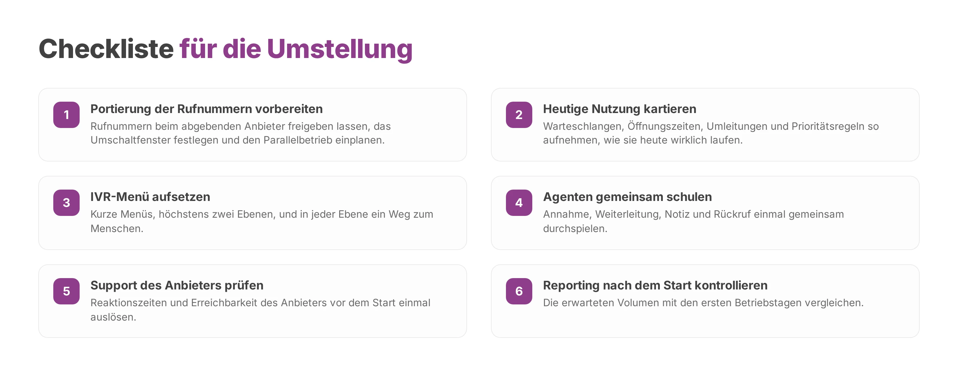Nummerierte Checkliste mit sechs Schritten für die Umstellung auf Call Center Software