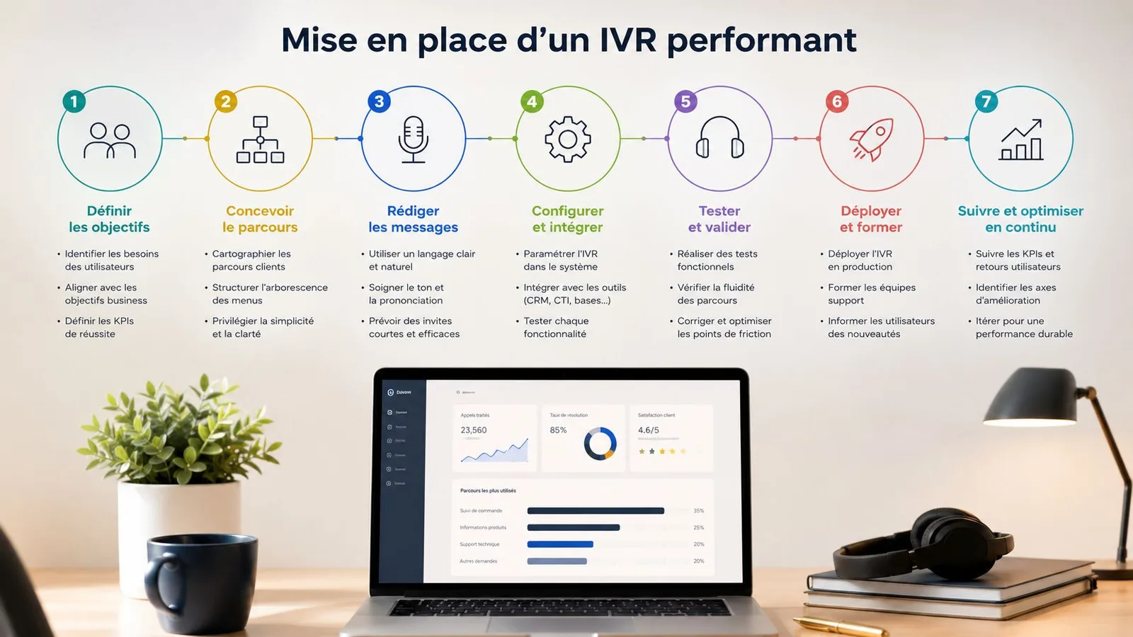 Une infographie montrant sept étapes pour la mise en place d'un serveur vocal interactif performant.