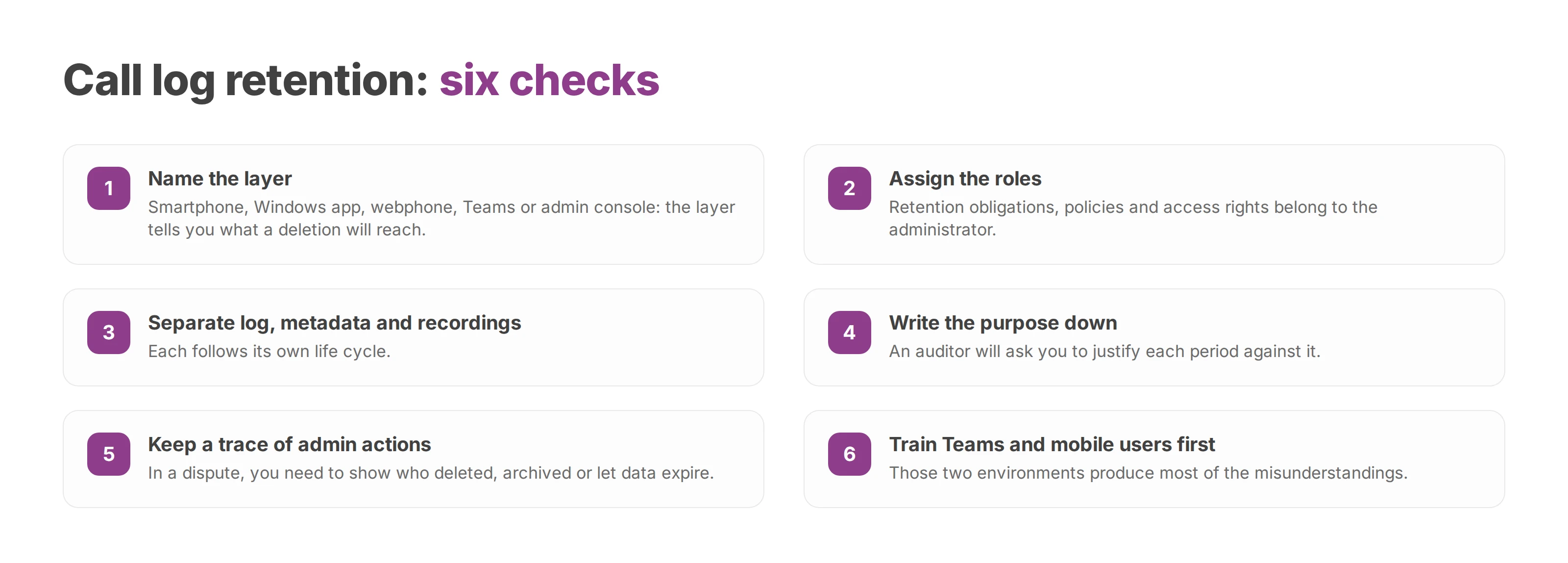 Numbered checklist of six call log retention practices, from naming the layer to training Teams and mobile users