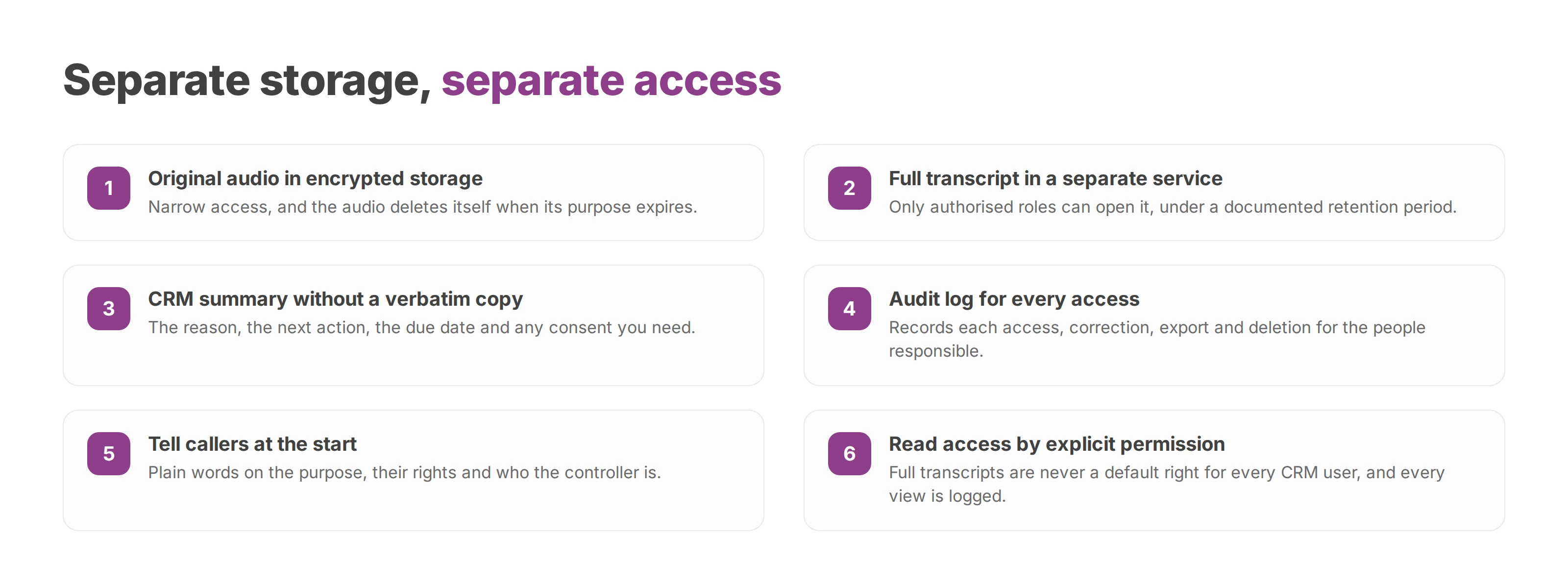Six practices for GDPR compliant call transcription: separate storage for audio, transcript and summary, audit logs and access