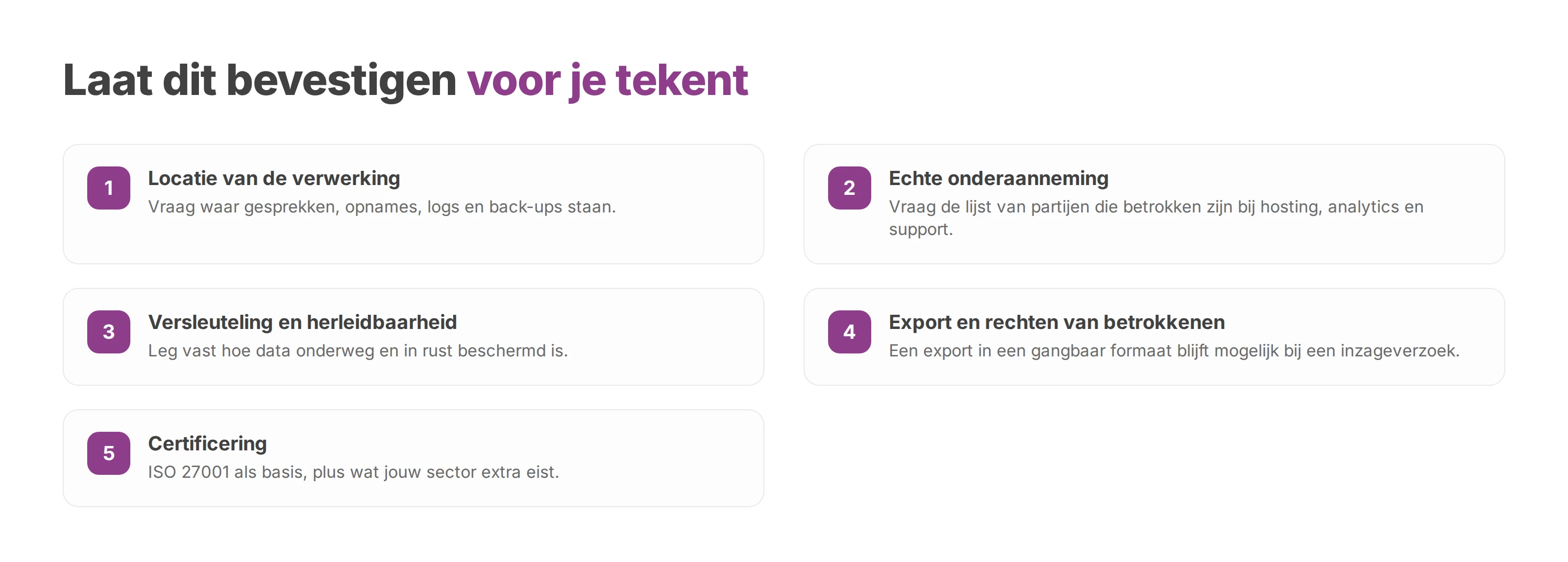 Genummerde checklist met vijf punten die je bij een aanbieder laat bevestigen voordat je tekent.