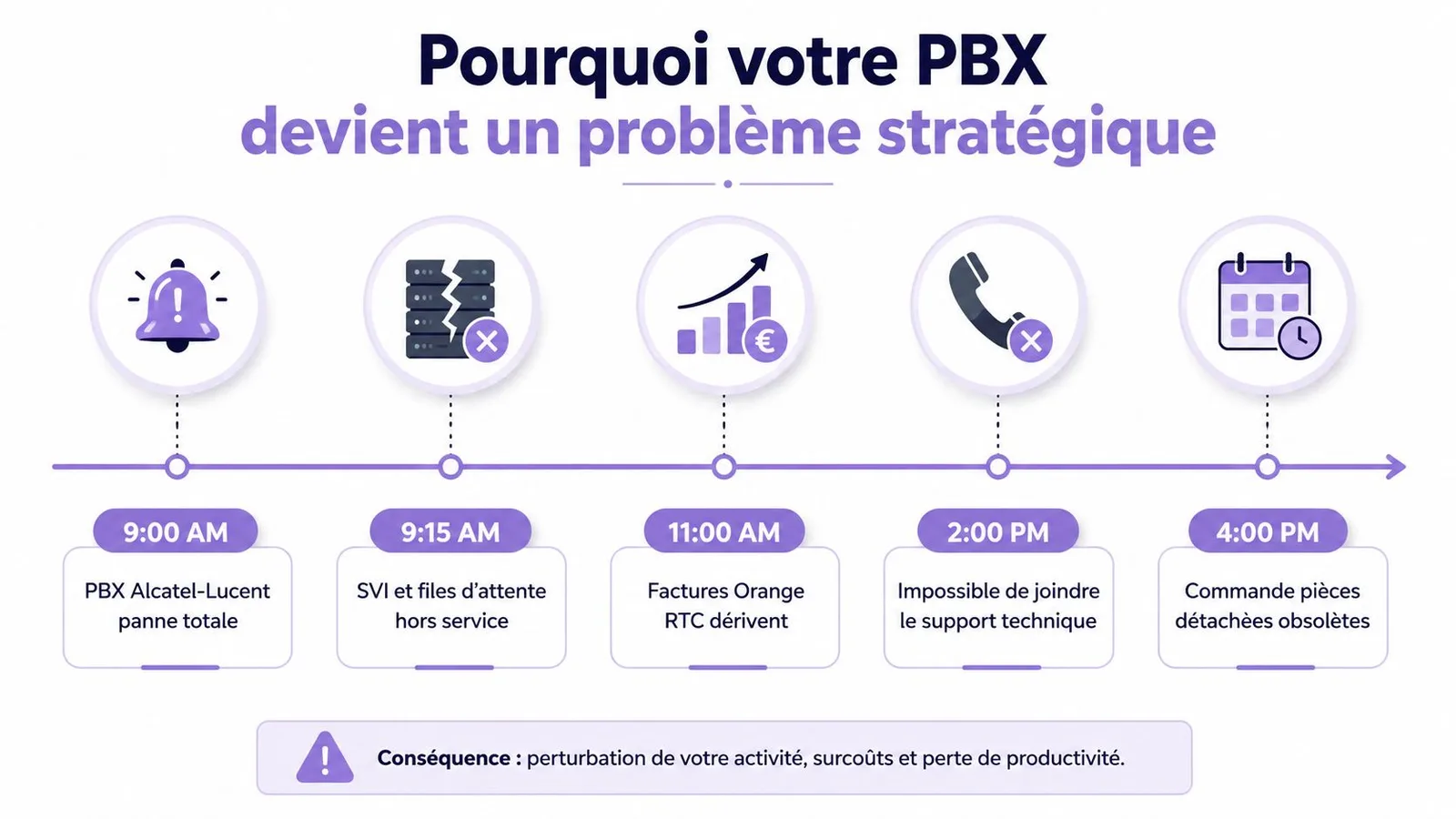 Une infographie montrant une chronologie des problèmes critiques liés à la panne d'un standard téléphonique PBX professionnel.