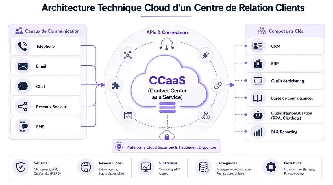 Schéma technique de l'architecture cloud d'un centre de relation clients illustrant les canaux, le CCaaS et les outils.