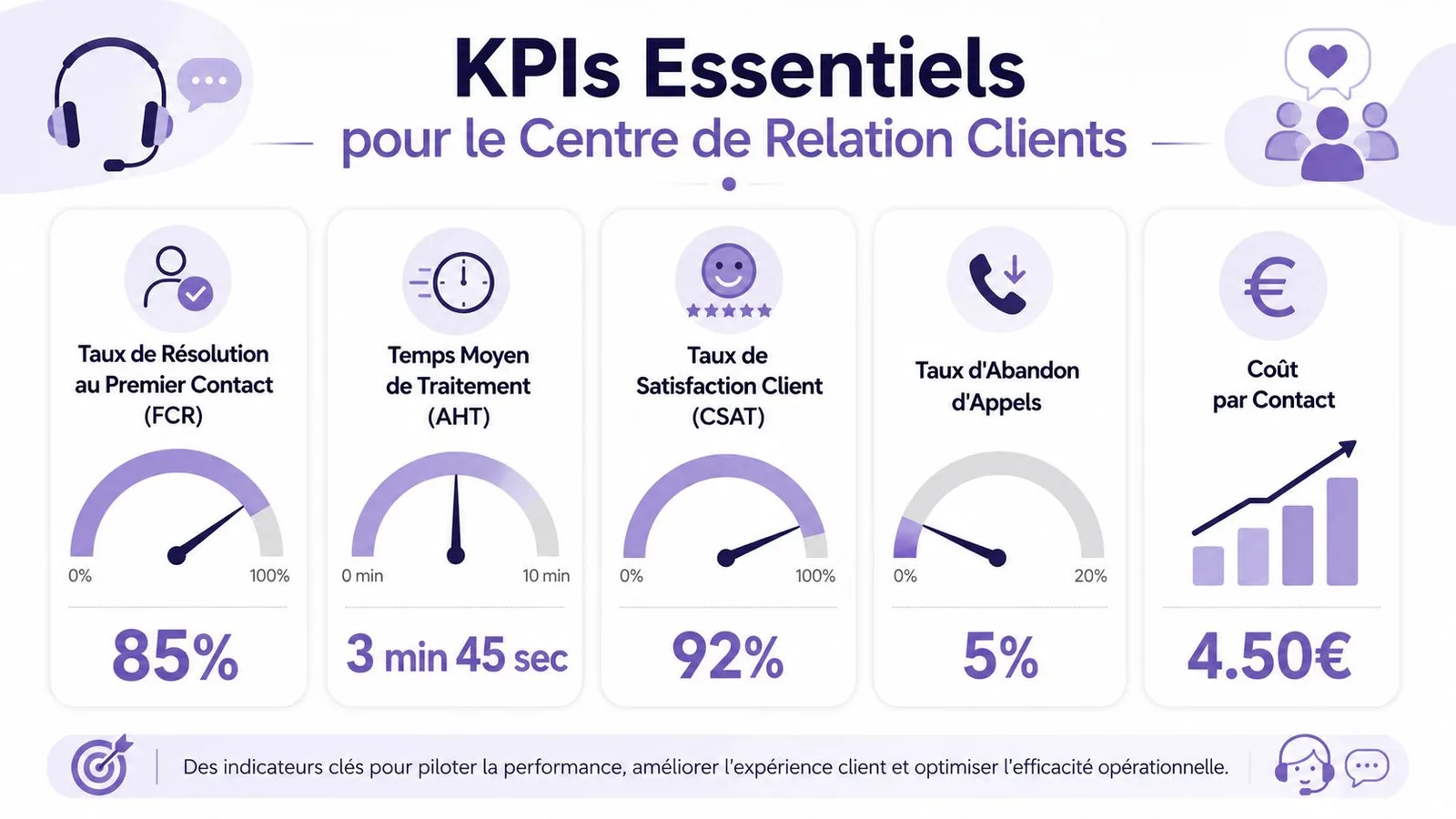 Infographie illustrant les cinq indicateurs de performance clés essentiels pour optimiser un centre de relation clients.