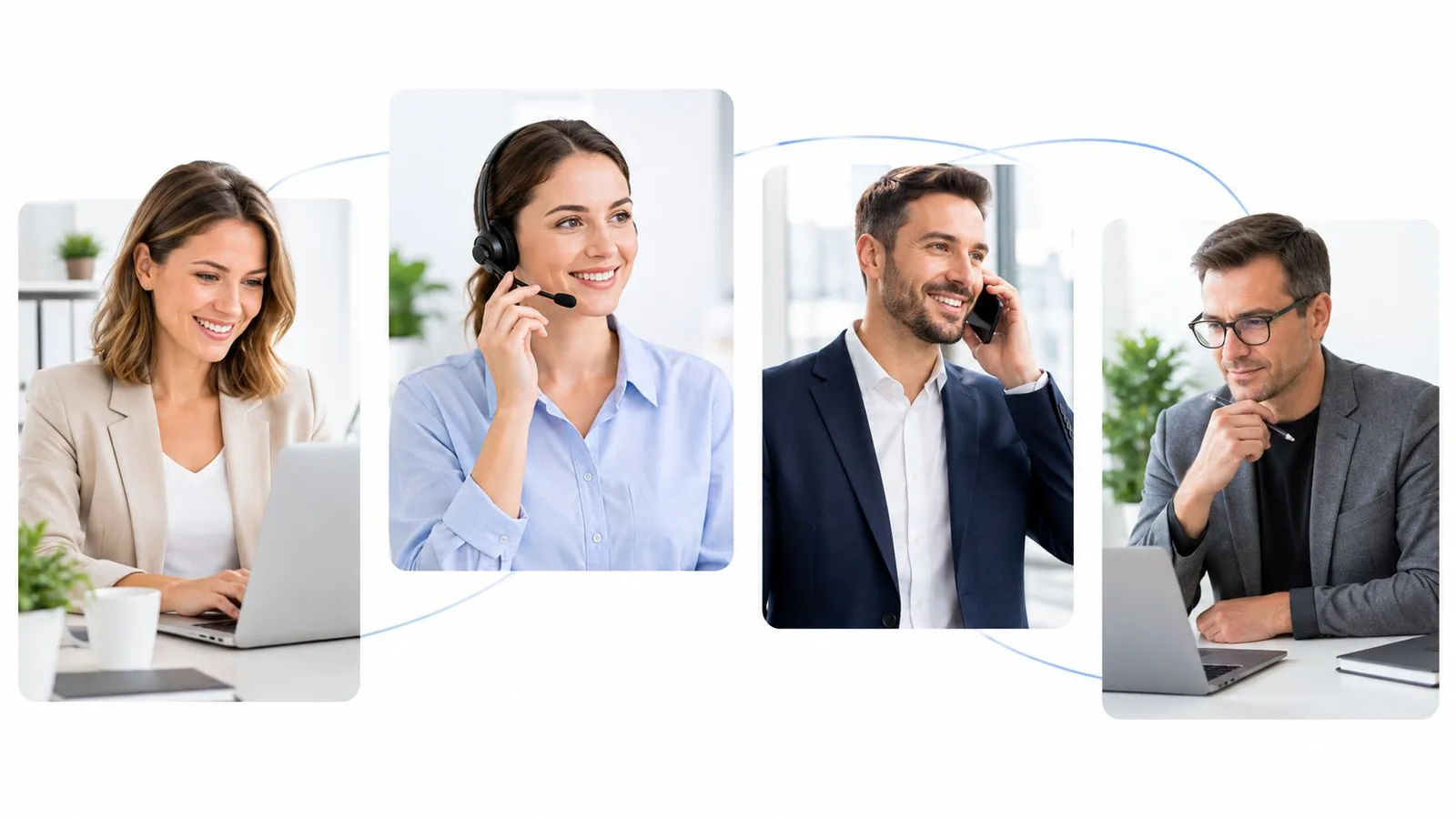Quatre professionnels communiquant par téléphone et ordinateur dans un environnement de bureau moderne et collaboratif
