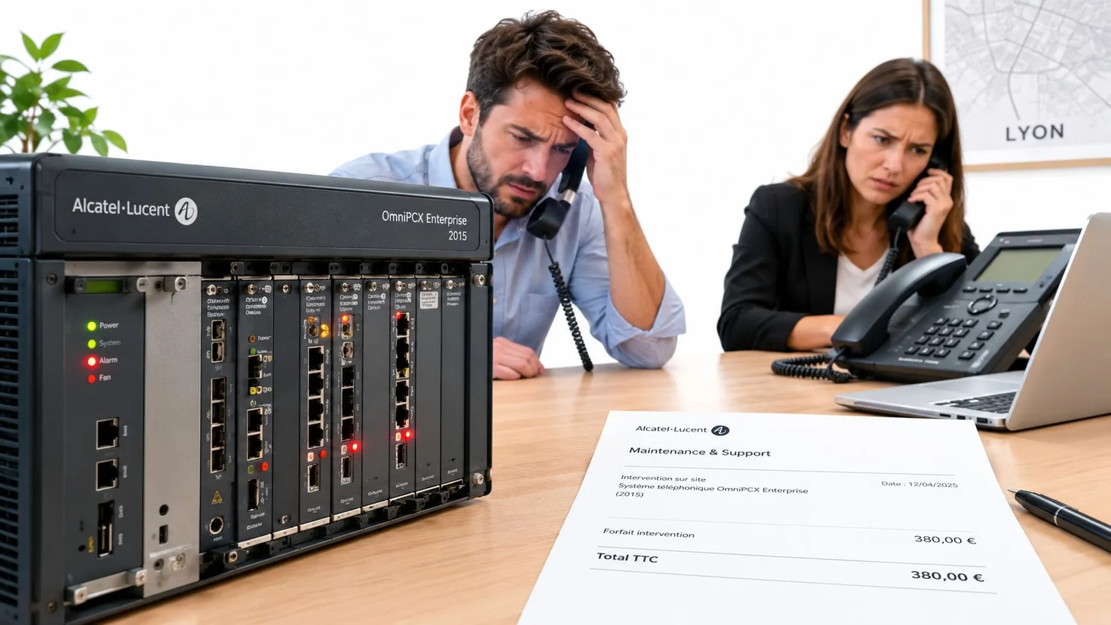 Des employés inquiets discutent de problèmes de maintenance sur un système téléphonique Alcatel-Lucent OmniPCX dans un bureau.