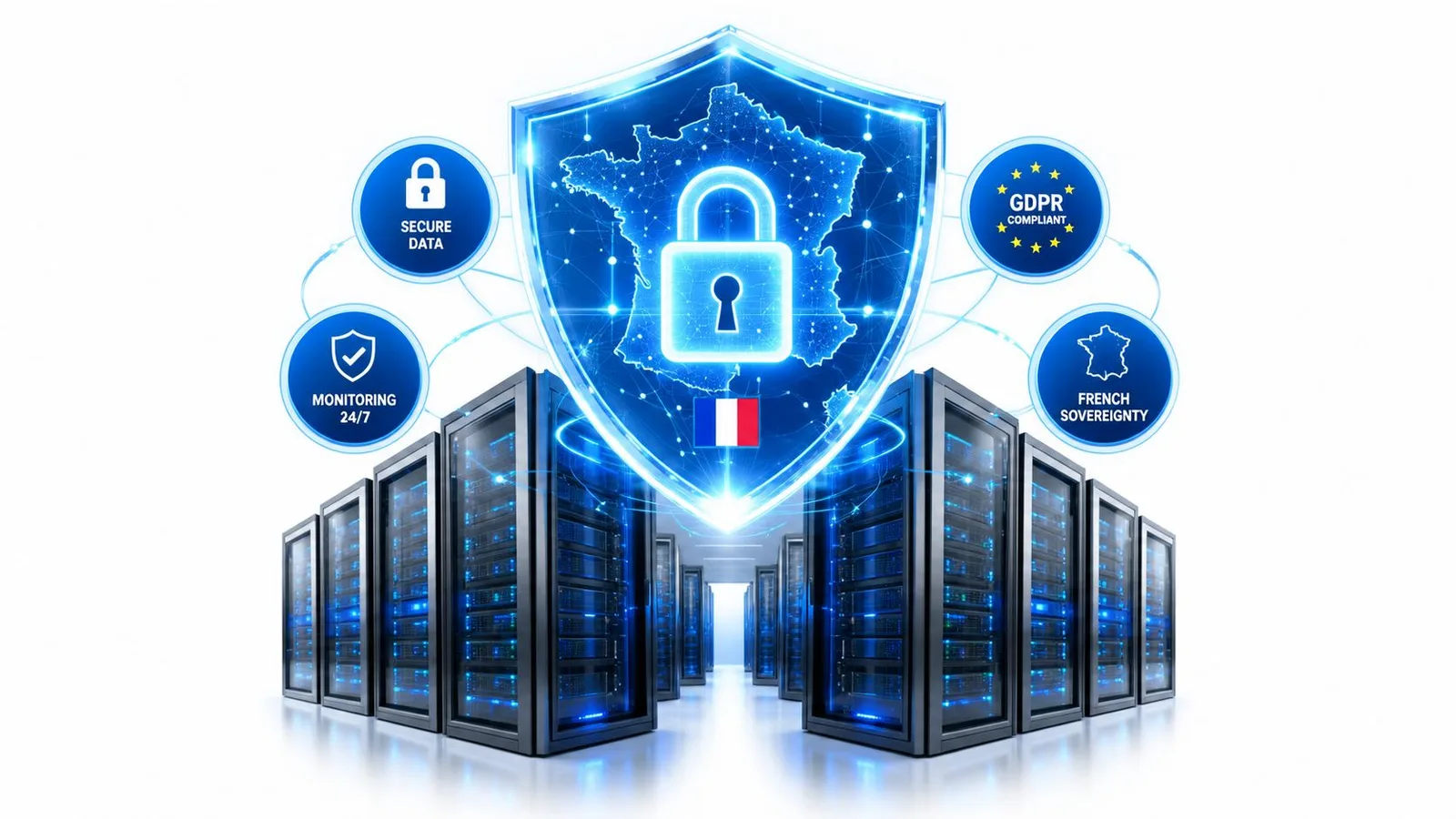 Serveurs informatiques sécurisés avec un bouclier numérique affichant une carte de France et des données protégées.