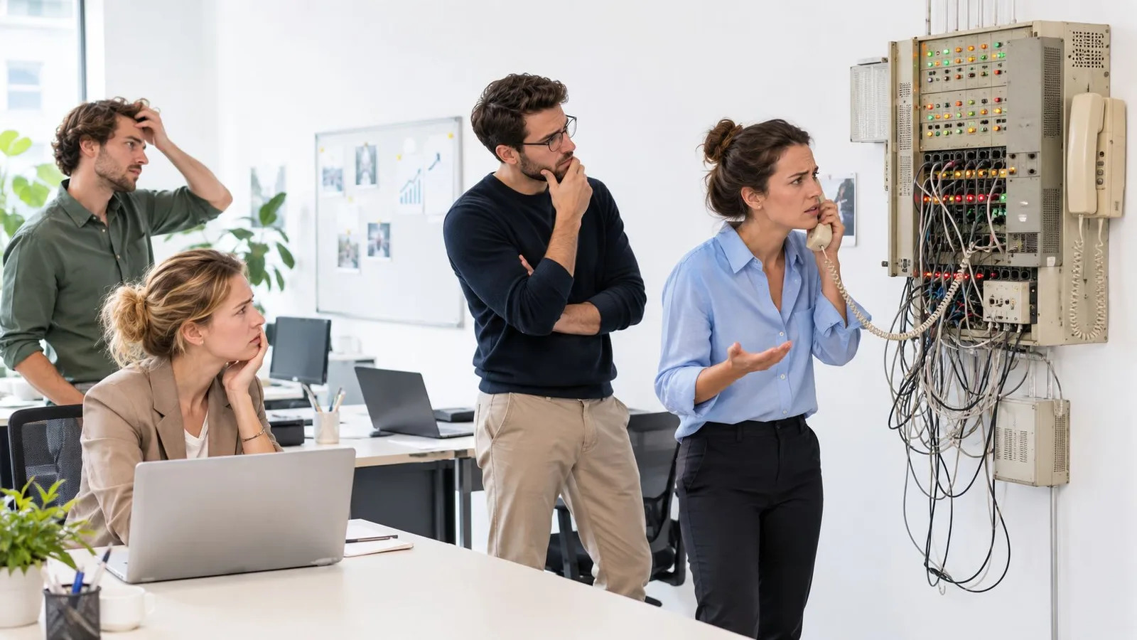 Une équipe de bureau stressée tente de résoudre un problème technique complexe avec un tableau de câblage.