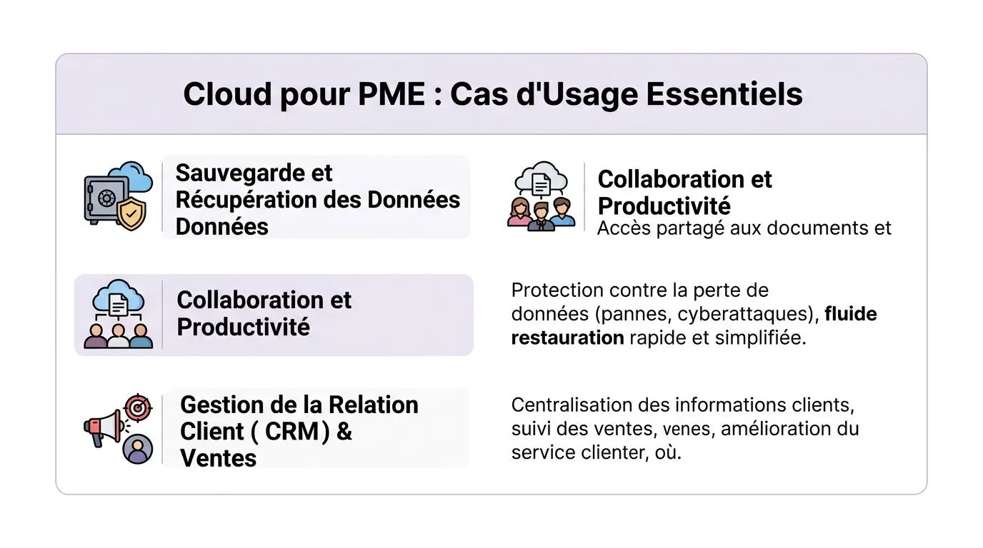 Infographie illustrant les cas d'usage essentiels du cloud informatique pour les petites et moyennes entreprises.