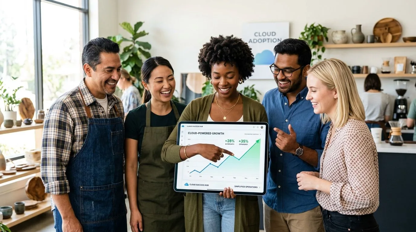 Une équipe diversifiée et souriante examinant une tablette affichant une courbe de croissance dans un café moderne.