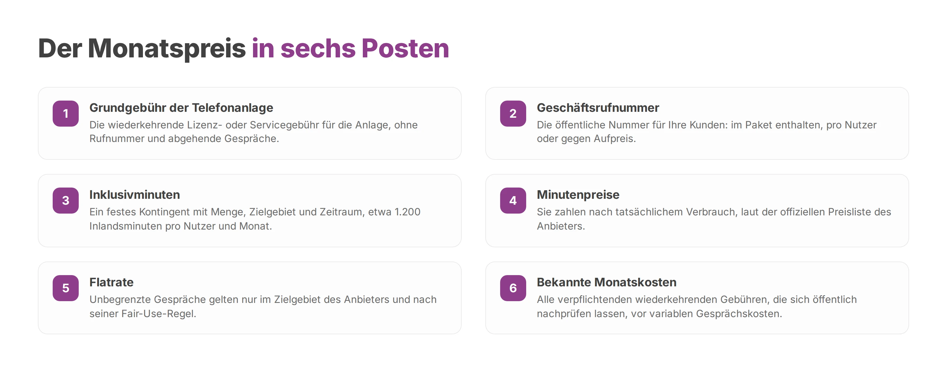 Sechs Posten des Monatspreises einer Cloud-Telefonanlage, von der Grundgebühr bis zu den bekannten Monatskosten