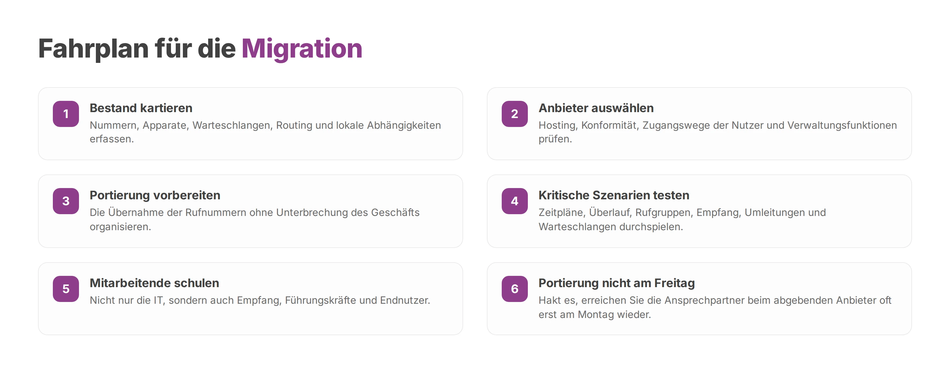 Nummerierte Liste mit sechs Schritten für die Migration auf eine Cloud-Telefonanlage, von der Bestandsaufnahme bis zum Portierungstermin