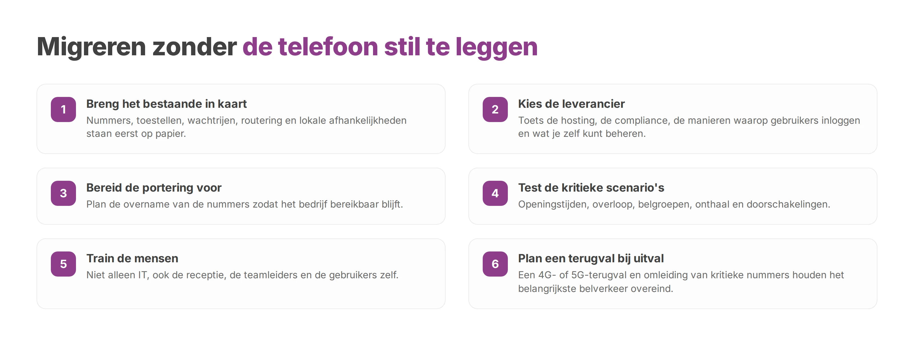 Genummerde lijst met de stappen van een migratie, van inventarisatie tot training en een plan voor uitval.