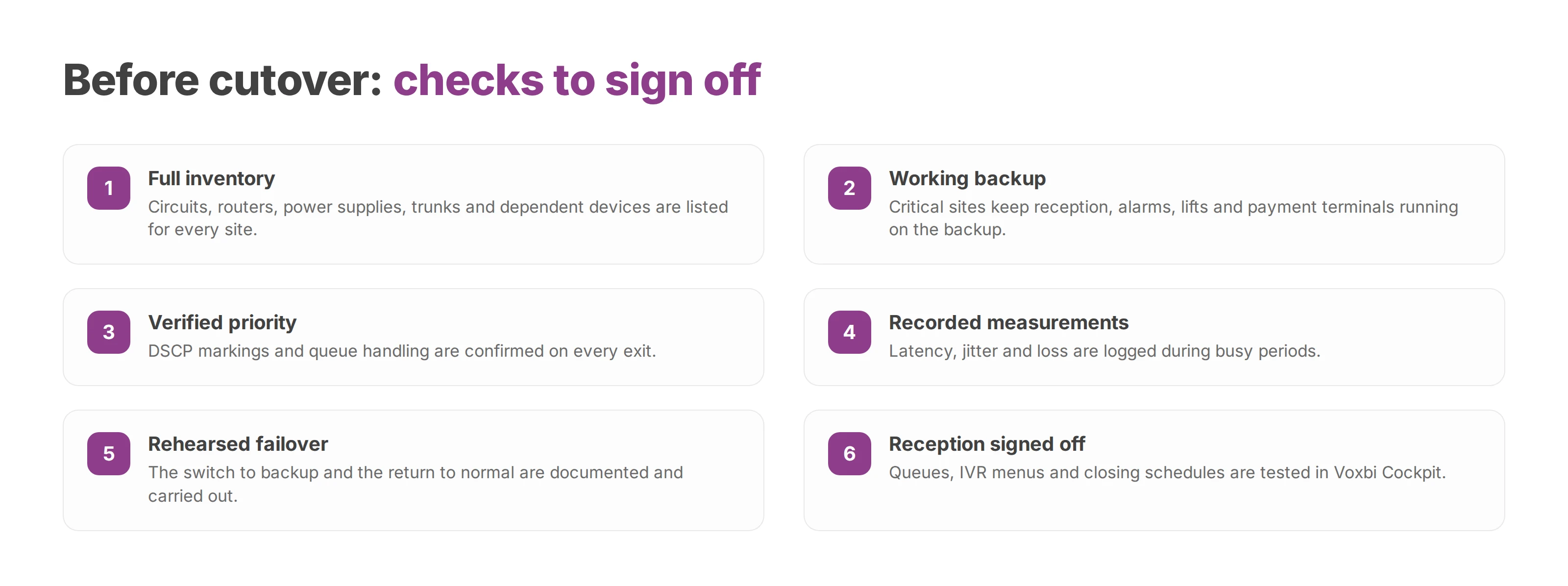 Six checks to complete before switching off the old phone service, from inventory to reception sign-off